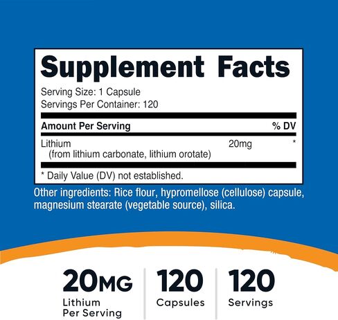 Nutricost Lithium Orotate (20mg) 120 Capsules - Vegan, Gluten-Free, GMO-Free in Kuwait