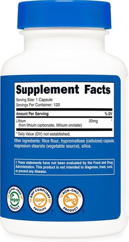 Nutricost Lithium Orotate (20mg) 120 Capsules - Vegan, Gluten-Free, GMO-Free in Kuwait