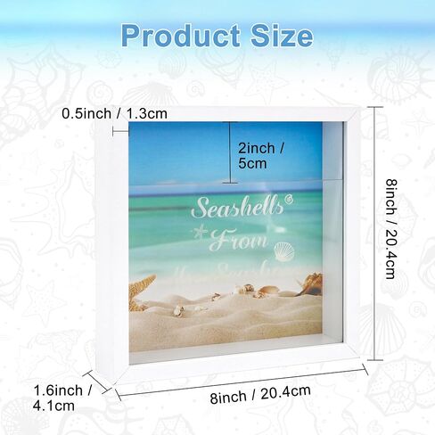 FramePro 8"x8" Seashell Holder Display case-Seashells Agates Shark Teeth Starfish Trinke, Seashell Collection Box Decorative Shadow Box with Real Glass ,Wall Mount or Tabletop (White) in Kuwait