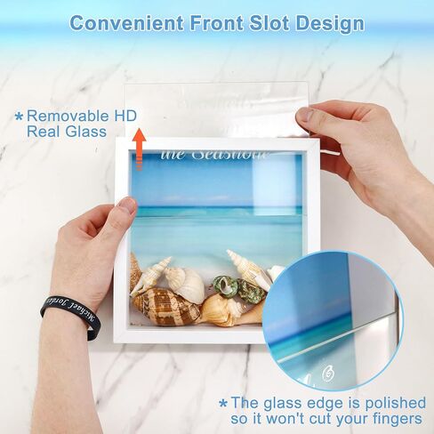 FramePro 8"x8" Seashell Holder Display case-Seashells Agates Shark Teeth Starfish Trinke, Seashell Collection Box Decorative Shadow Box with Real Glass ,Wall Mount or Tabletop (White) in Kuwait