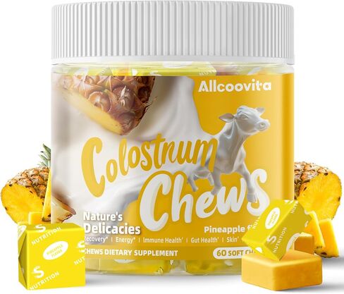Allcoovita Bovine Colostrum Chews Supplement with probiotics for Gut Health, Bloating, Immune Support, Skin, Hair Growth and Beauty - Pineapple Flavor (60 Servings) in Kuwait