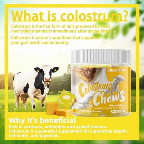 Allcoovita Bovine Colostrum Chews Supplement with probiotics for Gut Health, Bloating, Immune Support, Skin, Hair Growth and Beauty - Pineapple Flavor (60 Servings) in Kuwait