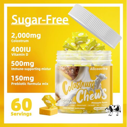 Allcoovita Bovine Colostrum Chews Supplement with probiotics for Gut Health, Bloating, Immune Support, Skin, Hair Growth and Beauty - Pineapple Flavor (60 Servings) in Kuwait