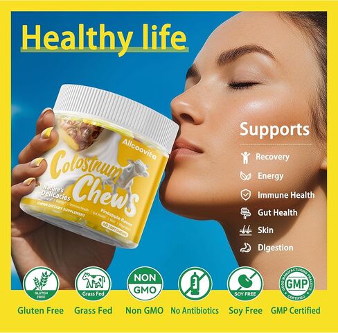 Allcoovita Bovine Colostrum Chews Supplement with probiotics for Gut Health, Bloating, Immune Support, Skin, Hair Growth and Beauty - Pineapple Flavor (60 Servings) in Kuwait