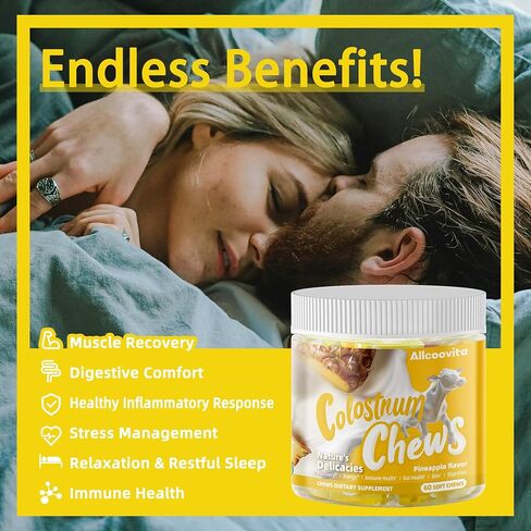 Allcoovita Bovine Colostrum Chews Supplement with probiotics for Gut Health, Bloating, Immune Support, Skin, Hair Growth and Beauty - Pineapple Flavor (60 Servings) in Kuwait