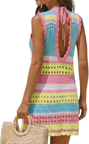 popvil Women’s Swimsuit Crochet Cover Up Sleeveless Color Block Knit Bathing Suit Swimwear with Tie Back 2026 in Kuwait