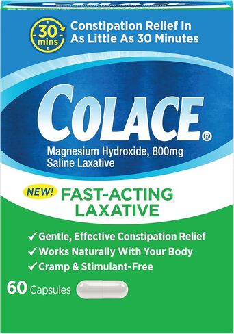Colace Saline Laxative 60 Capsules Fast Acting Gentle Constipation Relief for Adults, Gentle Magnesium Hydroxide Formula, Non-Stimulant Laxative, Severe Constipation Relief in Kuwait