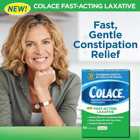 Colace Saline Laxative 60 Capsules Fast Acting Gentle Constipation Relief for Adults, Gentle Magnesium Hydroxide Formula, Non-Stimulant Laxative, Severe Constipation Relief in Kuwait