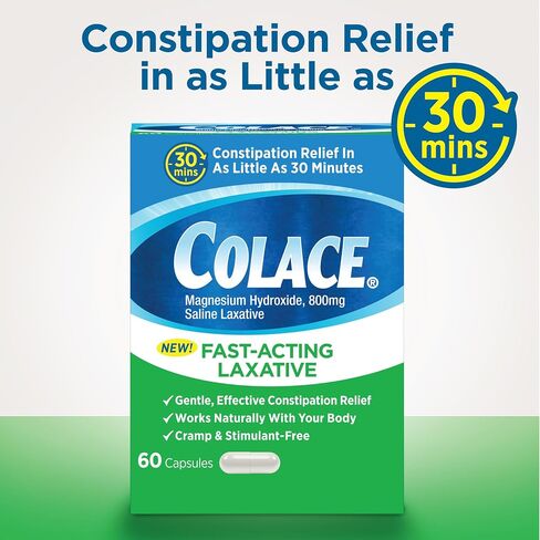 Colace Saline Laxative 60 Capsules Fast Acting Gentle Constipation Relief for Adults, Gentle Magnesium Hydroxide Formula, Non-Stimulant Laxative, Severe Constipation Relief in Kuwait