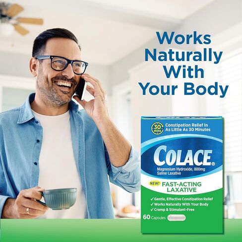 Colace Saline Laxative 60 Capsules Fast Acting Gentle Constipation Relief for Adults, Gentle Magnesium Hydroxide Formula, Non-Stimulant Laxative, Severe Constipation Relief in Kuwait