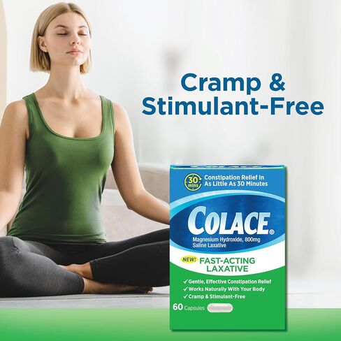 Colace Saline Laxative 60 Capsules Fast Acting Gentle Constipation Relief for Adults, Gentle Magnesium Hydroxide Formula, Non-Stimulant Laxative, Severe Constipation Relief in Kuwait