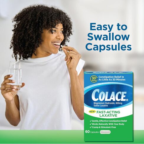 Colace Saline Laxative 60 Capsules Fast Acting Gentle Constipation Relief for Adults, Gentle Magnesium Hydroxide Formula, Non-Stimulant Laxative, Severe Constipation Relief in Kuwait