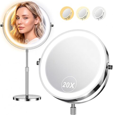 Dienmern Lighted Makeup Mirror, 1X/20X Double-Sided Magnifying Vanity Mirror with Lights, 360° Rotation, 5000mAh Rechargeable Adjustable Brightness with 3 Colors for Dorm, Living Room, Women Gift in Saudi Arabia