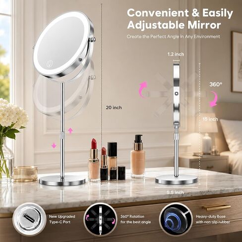 Dienmern Lighted Makeup Mirror, 1X/20X Double-Sided Magnifying Vanity Mirror with Lights, 360° Rotation, 5000mAh Rechargeable Adjustable Brightness with 3 Colors for Dorm, Living Room, Women Gift in Saudi Arabia