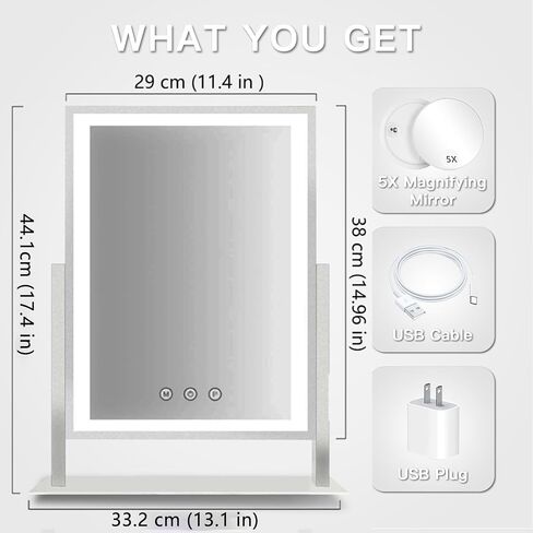 HIEEY Lighted Makeup Mirror, 17.3" x 13" Hollywood Vanity Mirror with Lights, Three Color Lighting Modes, and 5X Magnification Mirror, Smart Touch Control, 360°Rotation (White,Gift Box) in Saudi Arabia