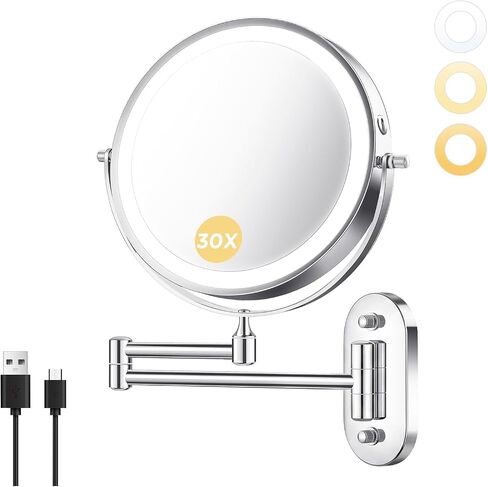 Wall Mounted Makeup Mirror with Light, 8 Inch 1X/30X Magnifying Mirror, Rechargeable 4000mAh, Double Sided, Extendable Arm, 360° Swivel Bathroom Mirror in Saudi Arabia