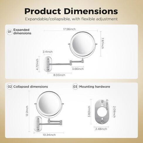 Wall Mounted Makeup Mirror with Light, 8 Inch 1X/30X Magnifying Mirror, Rechargeable 4000mAh, Double Sided, Extendable Arm, 360° Swivel Bathroom Mirror in Saudi Arabia