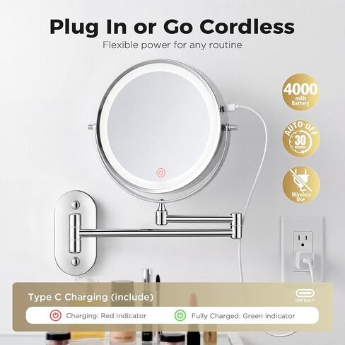Wall Mounted Makeup Mirror with Light, 8 Inch 1X/30X Magnifying Mirror, Rechargeable 4000mAh, Double Sided, Extendable Arm, 360° Swivel Bathroom Mirror in Saudi Arabia