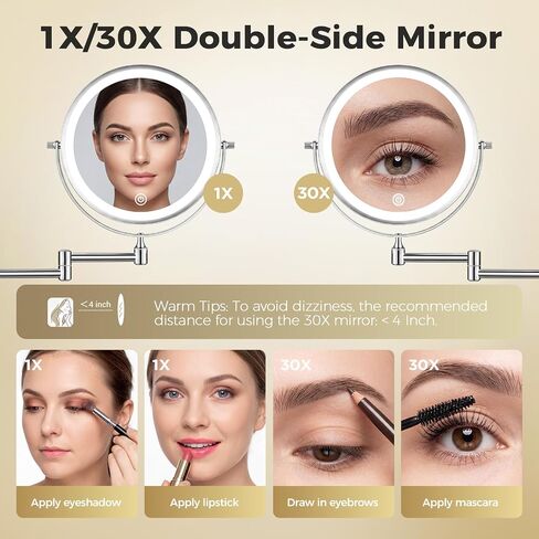 Wall Mounted Makeup Mirror with Light, 8 Inch 1X/30X Magnifying Mirror, Rechargeable 4000mAh, Double Sided, Extendable Arm, 360° Swivel Bathroom Mirror in Saudi Arabia