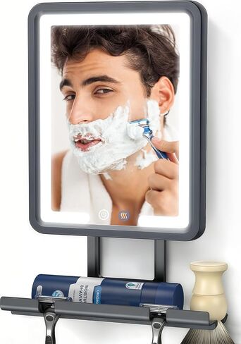 Heated Shower Mirror Fogless for Shaving with 3-Color Dimmable LED Lights, Rechargeable, 360 Degree Adjustable, Drill-Free, All-in-One Storage Tray Holds Shaving Foam, Brush and 2 Razors, Black in Saudi Arabia