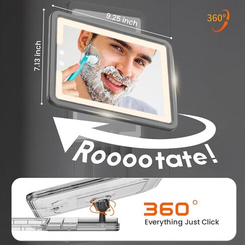 Heated Shower Mirror Fogless for Shaving with 3-Color Dimmable LED Lights, Rechargeable, 360 Degree Adjustable, Drill-Free, All-in-One Storage Tray Holds Shaving Foam, Brush and 2 Razors, Black in Saudi Arabia