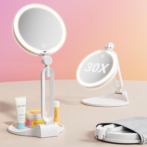 Travel Makeup Mirror with Lights 2026 New, 1X/30X Magnification Double Sided Lighted Mirror, 3 Color Lighting & Stepless Dimming, 2000mAh Foldable Portable Mirror for Desk & Travel in Saudi Arabia