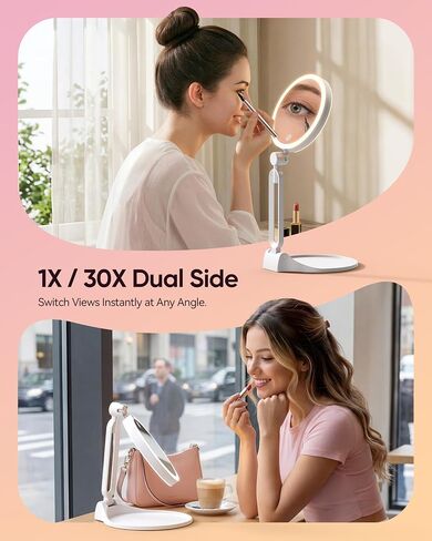 Travel Makeup Mirror with Lights 2026 New, 1X/30X Magnification Double Sided Lighted Mirror, 3 Color Lighting & Stepless Dimming, 2000mAh Foldable Portable Mirror for Desk & Travel in Saudi Arabia