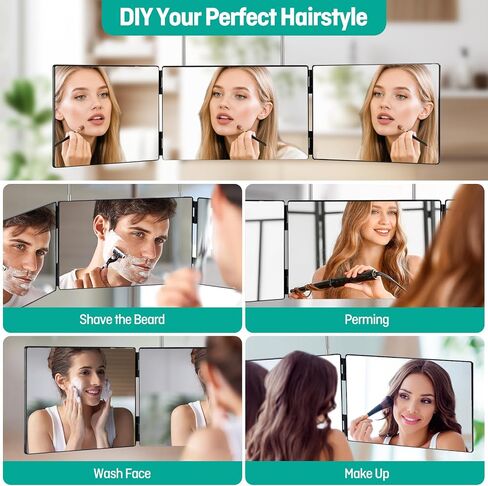 3 Way Mirror for Men & Women - Trifold Self Haircut Mirror, 360° View with Height Adjustable Hooks, HD Glass for Shaving, Makeup, Braiding, Hair Dyeing, Travel Friendly Grooming Tool in Saudi Arabia
