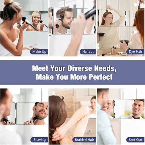3 Way Mirror for Men & Women - Trifold Self Haircut Mirror, 360° View with Height Adjustable Hooks, HD Glass for Shaving, Makeup, Braiding, Hair Dyeing, Travel Friendly Grooming Tool in Saudi Arabia