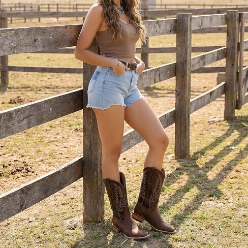 Palitutu Women's Cowboy Boots Full Cowhide Leather Mid-Calf Cowgirl Boots Pull On Western Boots Embroidered Premium full-grain leather pair with jeans, dresses, shorts in Kuwait