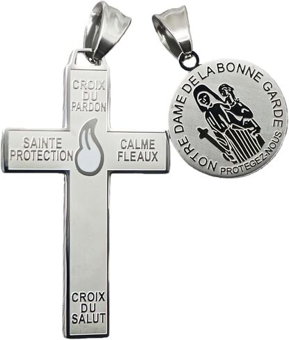1 Pair Catholic Marie Julie Jahenny of Benediction with Protection Cross of Forgiveness with White Enamel Flame and Our Lady of Good Guard Medal,Holy Cross of Pardon , Stainless Steel Crucifix End Times Pendant,cruz del perdón,cruz del perdón en acero ino in Saudi Arabia