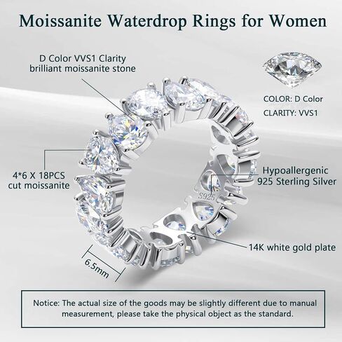 WES 4x6mm Pear-shaped Moissanite Eternity Ring Wedding Band - 925 Sterling Silver D Color VVS1 Clarity Total 7.2cttw Moissanite Rings for Women Men, Size 4-11 in Saudi Arabia