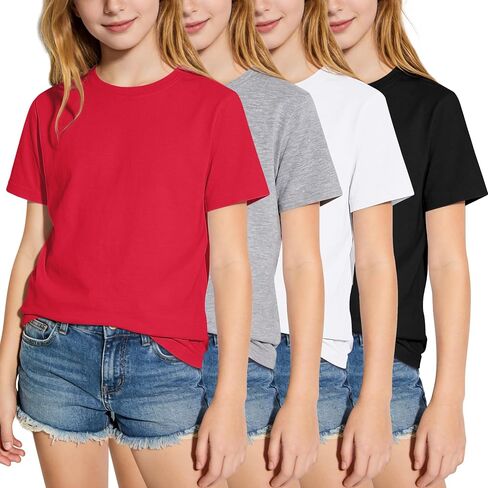 BOOPH Girls Shirts Kids Tshirts Short Sleeve Tees for Teens Crew Neck Tops Cotton Clothes 4 Pack in Kuwait