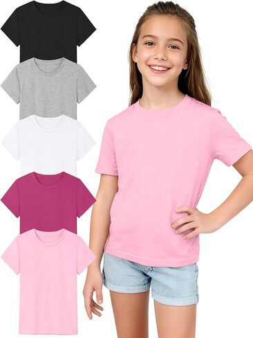 Poroka 5 Packs Girls Short Sleeve T-Shirts Soft Tee Shirts Soft Crewneck Summer Top with Regular Fit for Kids 5-16 Years in Kuwait