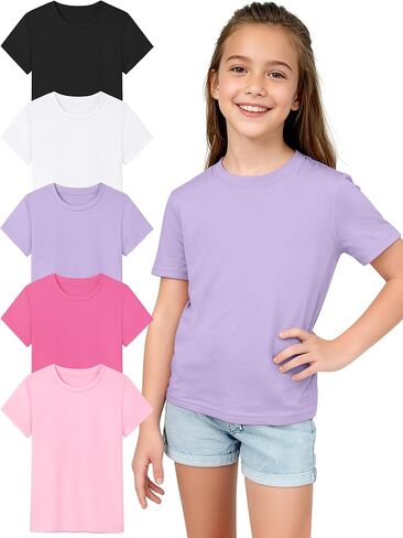 Poroka 5 Packs Girls Short Sleeve T-Shirts Soft Tee Shirts Soft Crewneck Summer Top with Regular Fit for Kids 5-16 Years in Kuwait