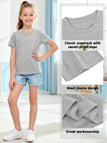 Poroka 5 Packs Girls Short Sleeve T-Shirts Soft Tee Shirts Soft Crewneck Summer Top with Regular Fit for Kids 5-16 Years in Kuwait