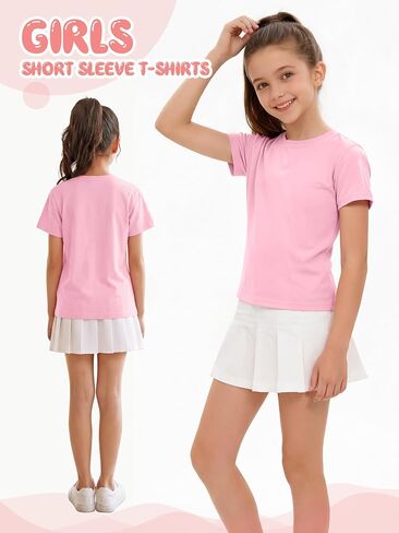 Poroka 5 Packs Girls Short Sleeve T-Shirts Soft Tee Shirts Soft Crewneck Summer Top with Regular Fit for Kids 5-16 Years in Kuwait