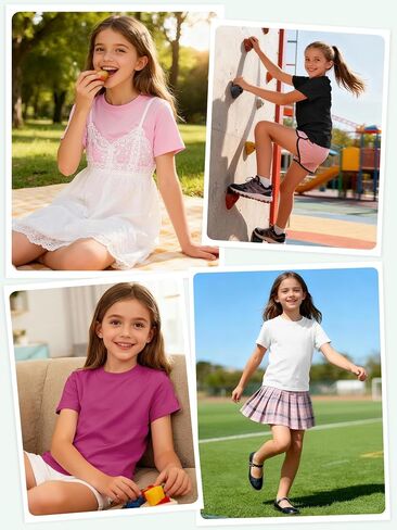 Poroka 5 Packs Girls Short Sleeve T-Shirts Soft Tee Shirts Soft Crewneck Summer Top with Regular Fit for Kids 5-16 Years in Kuwait