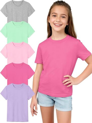 Poroka 5 Packs Girls Short Sleeve T-Shirts Soft Tee Shirts Soft Crewneck Summer Top with Regular Fit for Kids 5-16 Years in Kuwait
