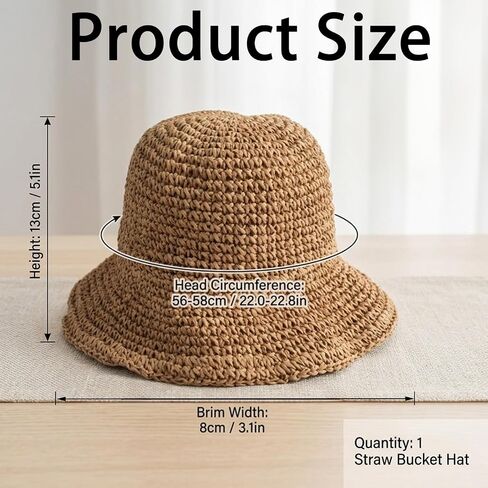 Straw Bucket Hat for Women, Raffia Bucket Hat with Classic Design, Crochet Bucket Hat for Outdoor Activities, Lightweight Straw Bucket Hats for Beach and Sun Protection Brown in Kuwait