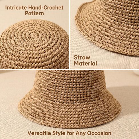 Straw Bucket Hat for Women, Raffia Bucket Hat with Classic Design, Crochet Bucket Hat for Outdoor Activities, Lightweight Straw Bucket Hats for Beach and Sun Protection Brown in Kuwait