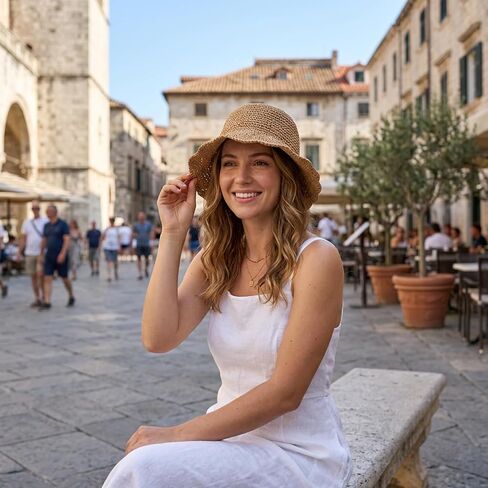 Straw Bucket Hat for Women, Raffia Bucket Hat with Classic Design, Crochet Bucket Hat for Outdoor Activities, Lightweight Straw Bucket Hats for Beach and Sun Protection Brown in Kuwait