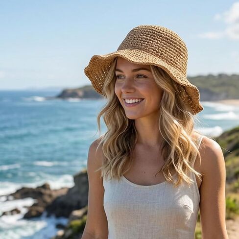Straw Bucket Hat for Women, Raffia Bucket Hat with Classic Design, Crochet Bucket Hat for Outdoor Activities, Lightweight Straw Bucket Hats for Beach and Sun Protection Brown in Kuwait