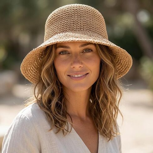 Straw Bucket Hat for Women, Raffia Bucket Hat with Classic Design, Crochet Bucket Hat for Outdoor Activities, Lightweight Straw Bucket Hats for Beach and Sun Protection Brown in Kuwait