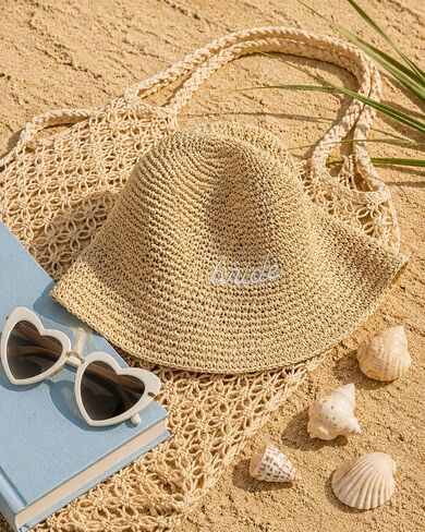 Bride Straw Bucket Hat Bridal Beach Hat Bachelorette Accessory Foldable Headwear Bach Party Decorations Wedding Cap Travel in Saudi Arabia