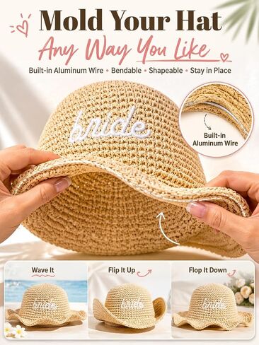 Bride Straw Bucket Hat Bridal Beach Hat Bachelorette Accessory Foldable Headwear Bach Party Decorations Wedding Cap Travel in Saudi Arabia