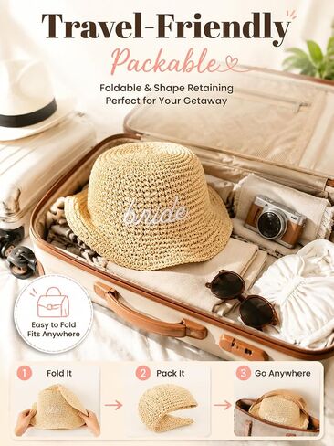 Bride Straw Bucket Hat Bridal Beach Hat Bachelorette Accessory Foldable Headwear Bach Party Decorations Wedding Cap Travel in Saudi Arabia