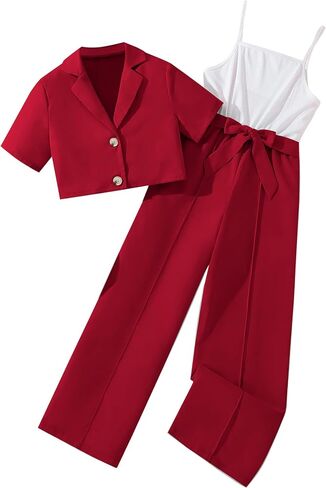 Hilinker Girls Cute Short Sleeve Blazer Belted Wide Leg Sleeveless Jumpsuit Sets 2 Piece Outfits in Kuwait