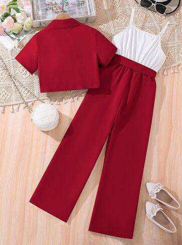 Hilinker Girls Cute Short Sleeve Blazer Belted Wide Leg Sleeveless Jumpsuit Sets 2 Piece Outfits in Kuwait