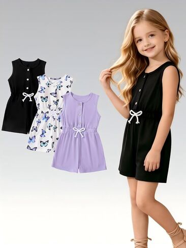 Girls Sleeveless Romper 3 Pack 3-Button Jumpsuit Shorts Casual One-Piece Outfits Bundle in Kuwait